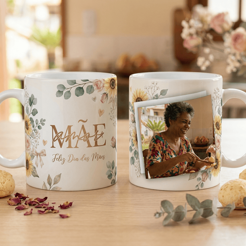 Arte Caneca Dia das Mães Floral Girassol com Foto | PNG + PDF + AI Sublimação