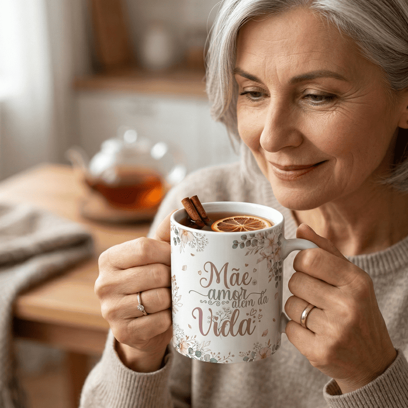 Arte Caneca Mãe Amor Além da Vida | PNG + PDF + AI Sublimação Floral
