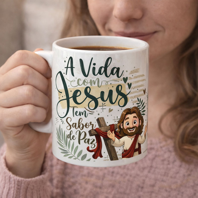 Miniatura 5 de Arte Caneca A Vida com Jesus Tem Sabor de Paz | PNG + PDF Sublimação