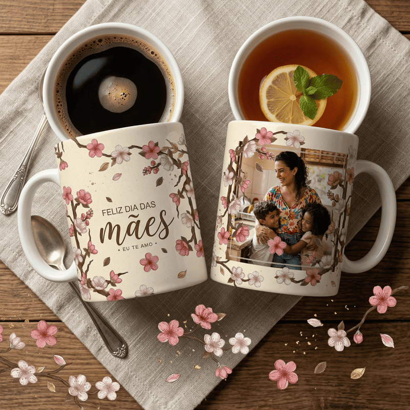 Arte Caneca Dia das Mães Floral Personalizada | PNG + PDF + AI Sublimação