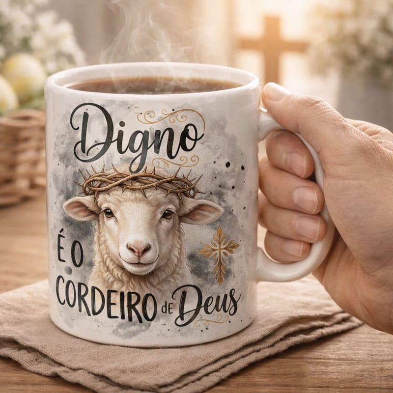 Arte Caneca Digno é o Cordeiro de Deus | PNG + PDF Sublimação Cristã