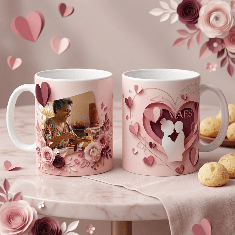 Arte Caneca Dia das Mães Coração 3D Personalizada | PNG + PDF + AI Sublimação