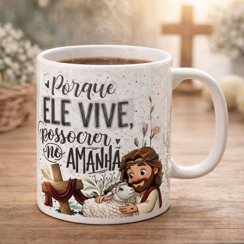 Miniatura 2 de Arte Caneca Páscoa Cristã Porque Ele Vive Posso Crer no Amanhã | PNG + PDF