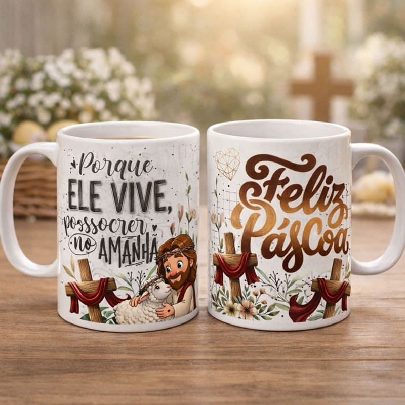 Miniatura 3 de Arte Caneca Páscoa Cristã Porque Ele Vive Posso Crer no Amanhã | PNG + PDF