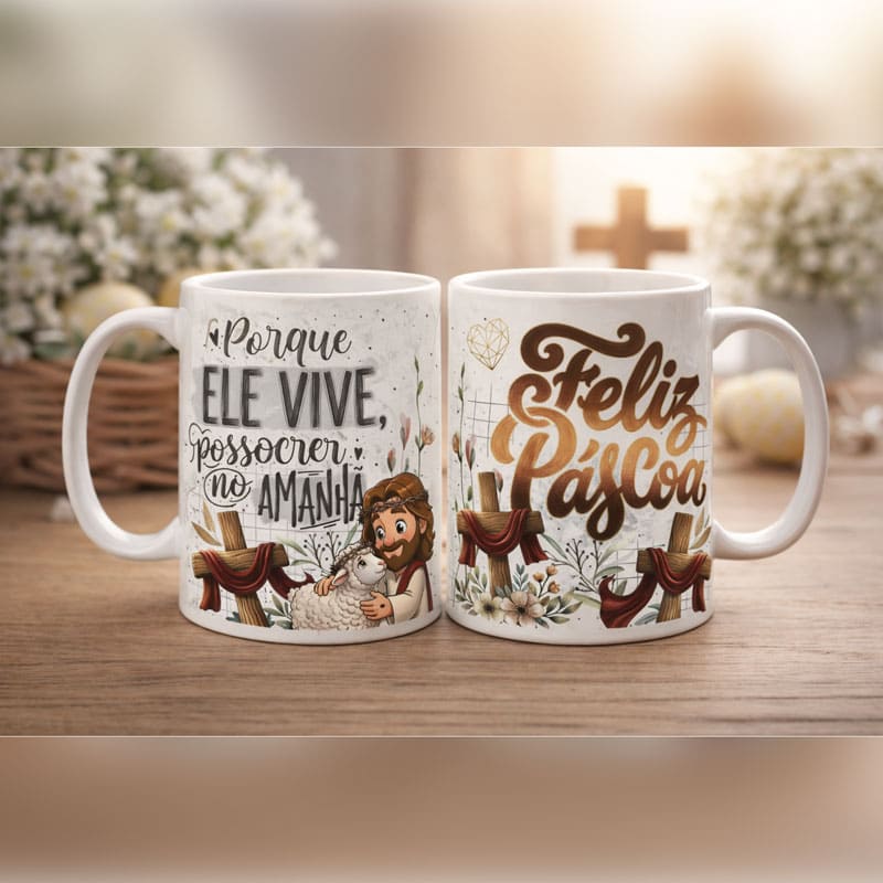 Miniatura 4 de Arte Caneca Páscoa Cristã Porque Ele Vive Posso Crer no Amanhã | PNG + PDF